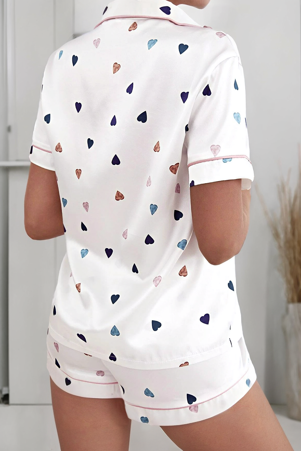 White Heart Print Pocket Shirt & Elastic Shorts Lounge Set: AS SHOWN / Missy / M