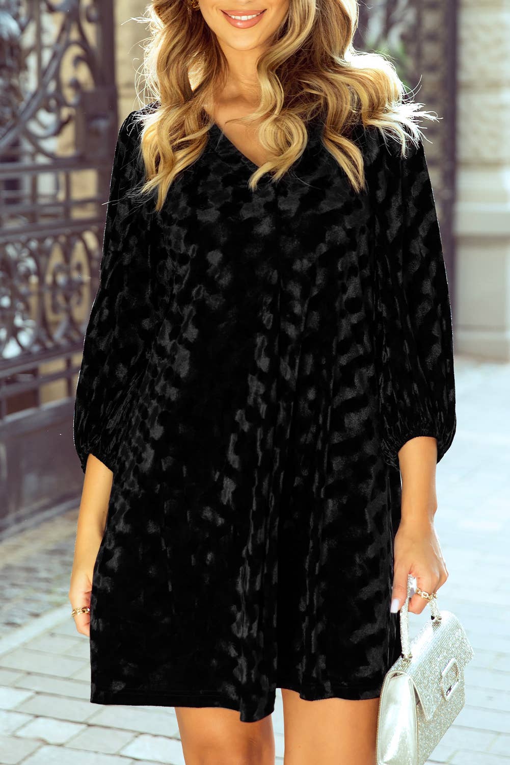 Textured V Neck Balloon Sleeve Velvet Mini Dress: Black / XL