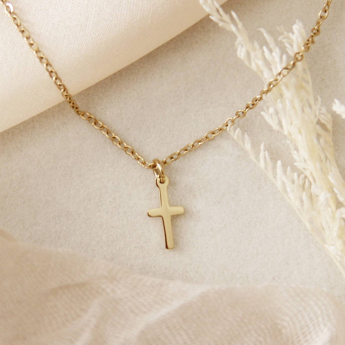 Delicate Cross Necklace, 1 Corinthians 1:18: Yellow Gold