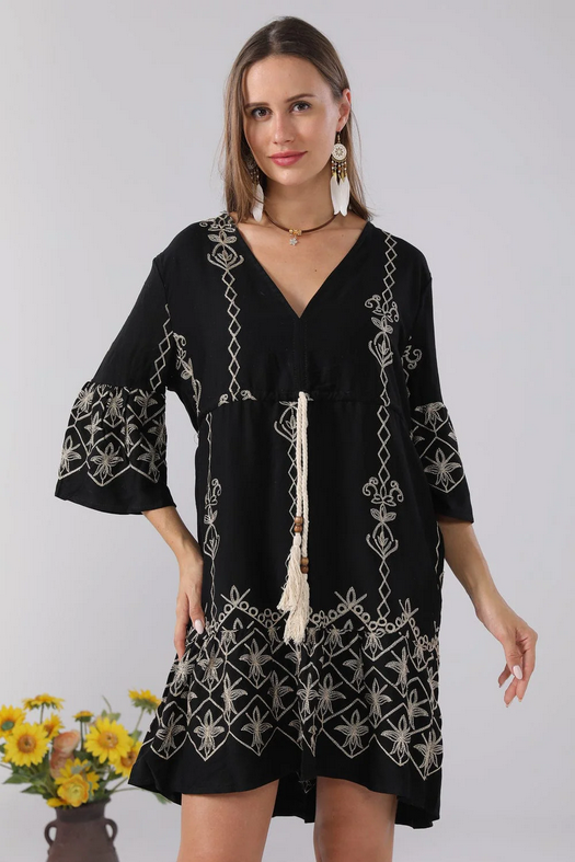 Nala Embroidered Dress With Tassel Ties