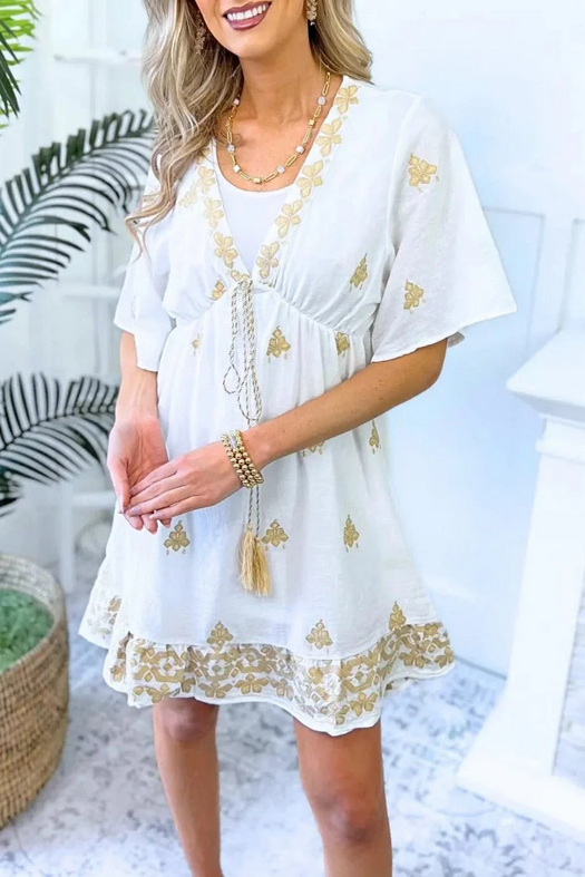 Stella Embroidered Dress with Tassel Ties
