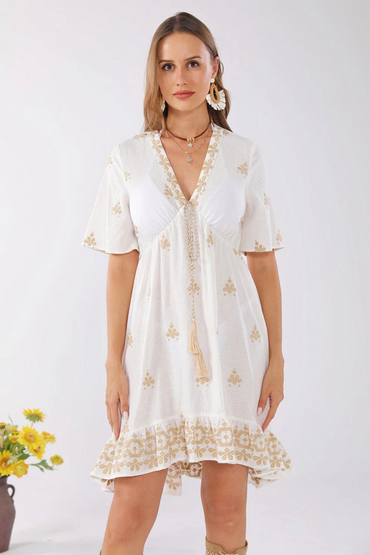 Stella Embroidered Dress with Tassel Ties