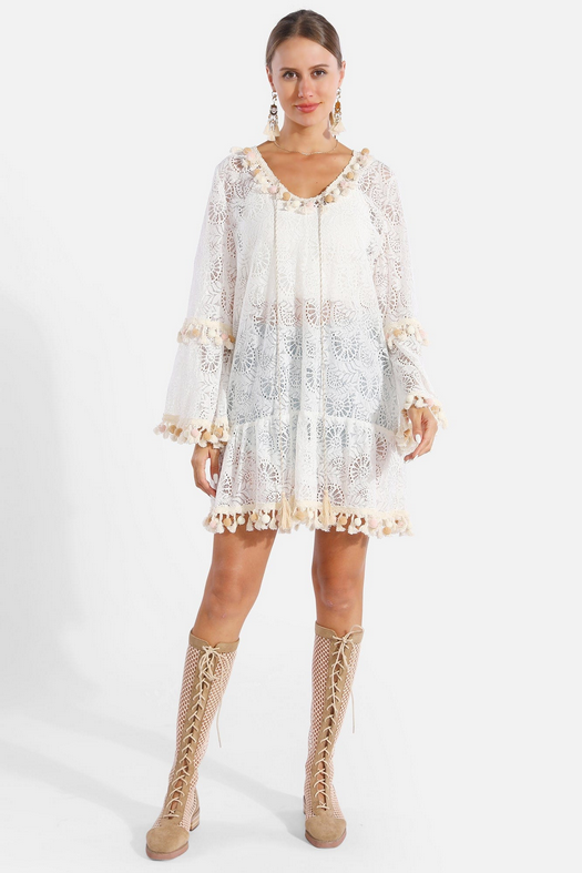Athena Poms & Tassels Tie Knot Lace Cover Up