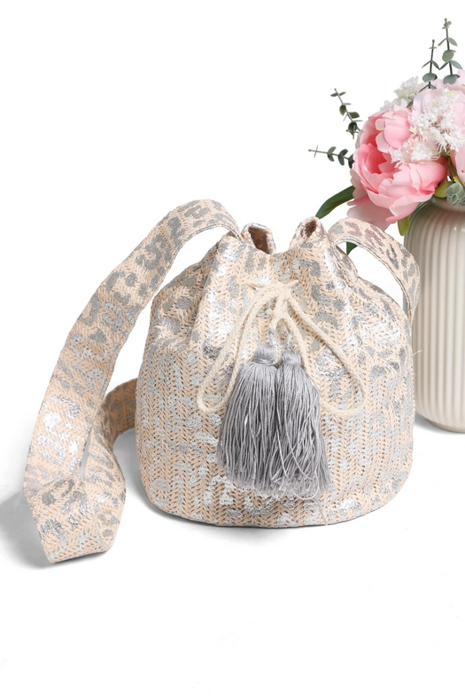 Maize Metallic Foil Leopard Straw Crossbody Bucket Bag