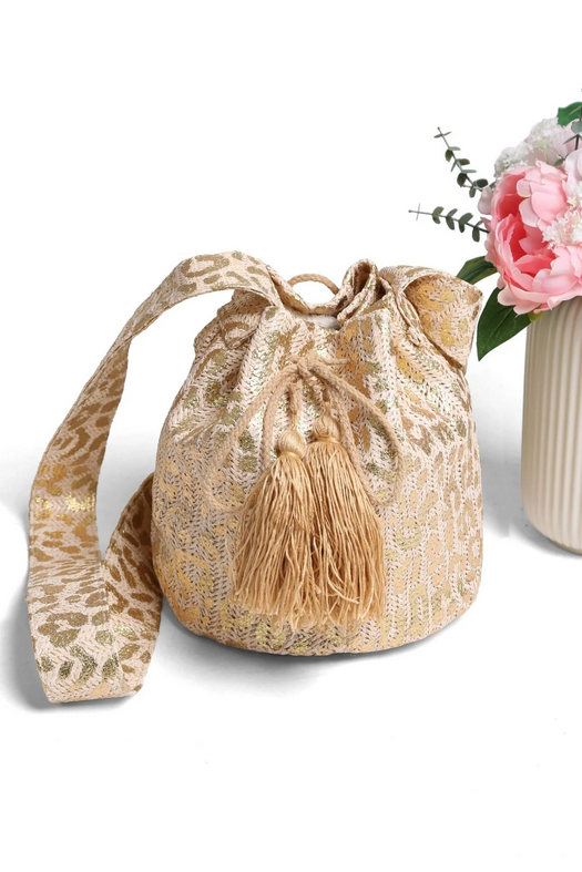 Maize Metallic Foil Leopard Straw Crossbody Bucket Bag