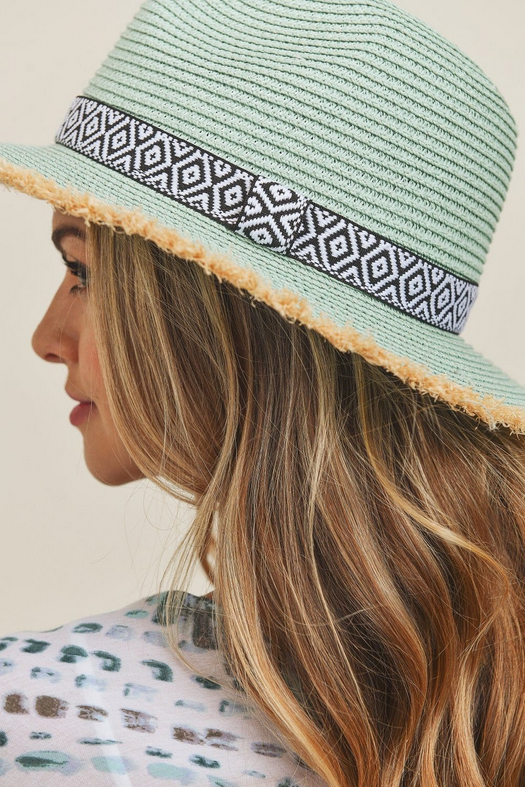 Frayed Trim Aztec Banded Straw Hat