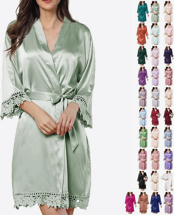 Lovely Lace Trim Satin Kimono Robe