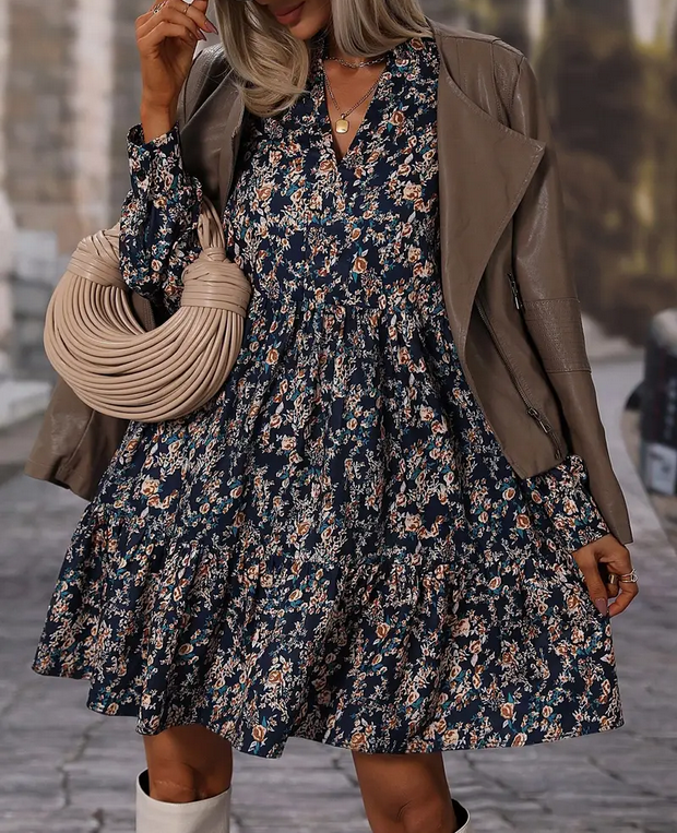 Rayna Ruffle Boho Floral Print V-Neck Dress