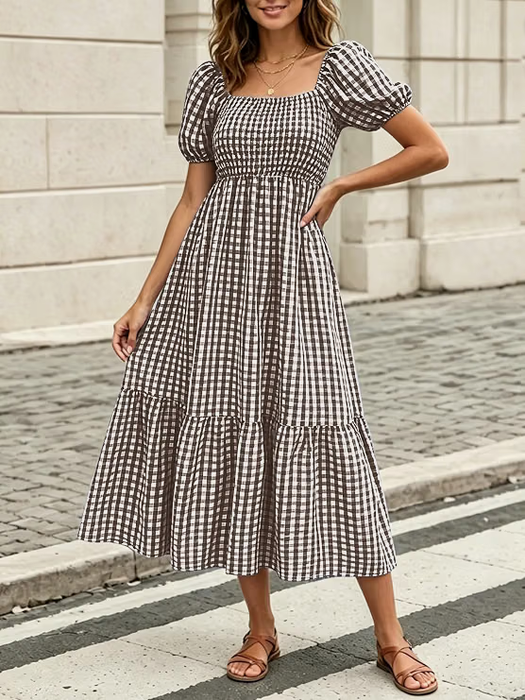 Gracious Gingham Chestnut Smocked Midi Dress
