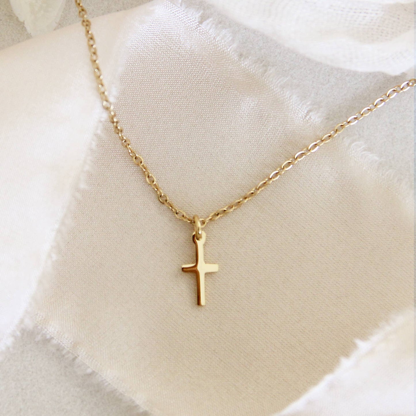Delicate Cross Necklace, 1 Corinthians 1:18: Yellow Gold