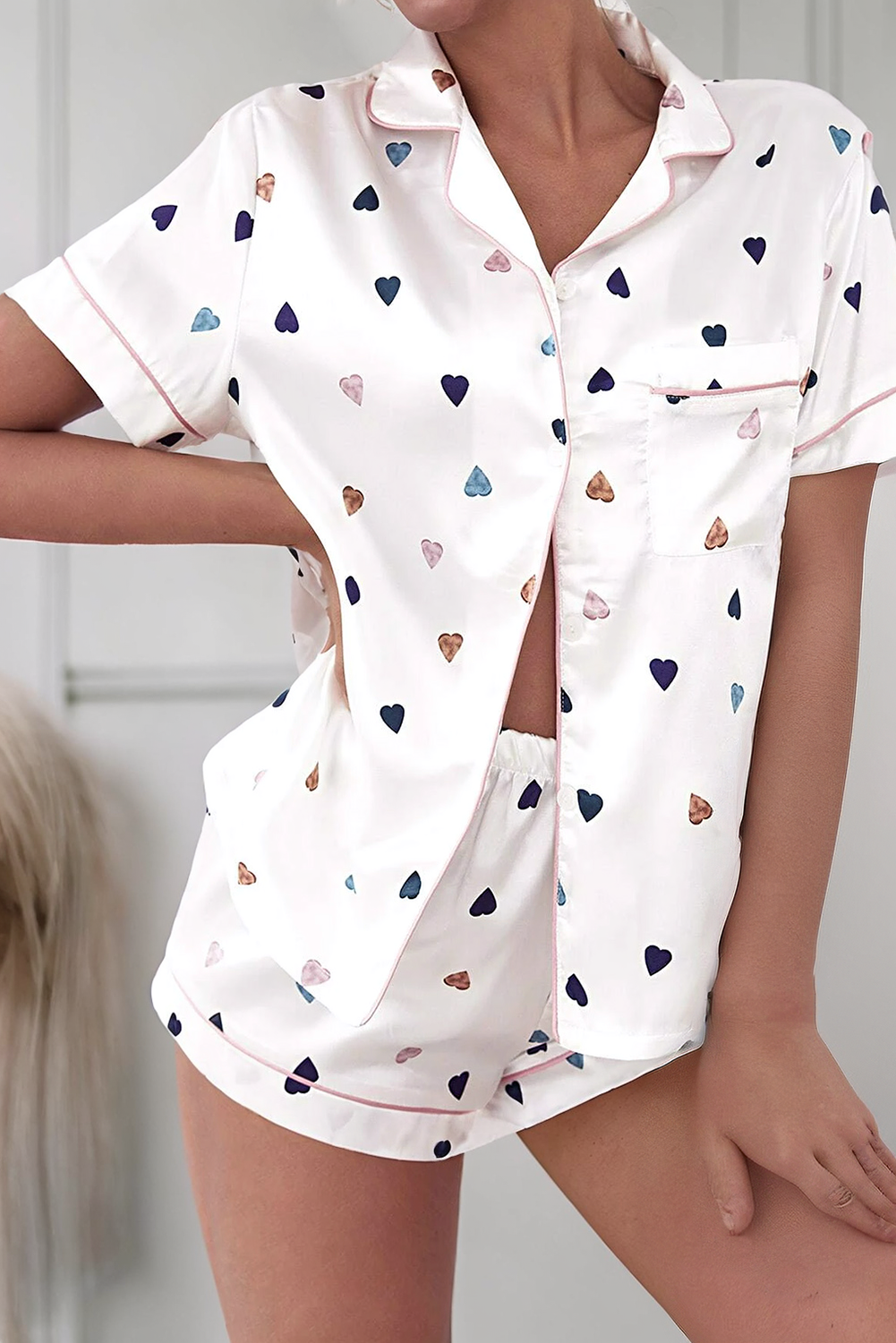 White Heart Print Pocket Shirt & Elastic Shorts Lounge Set: AS SHOWN / Missy / M