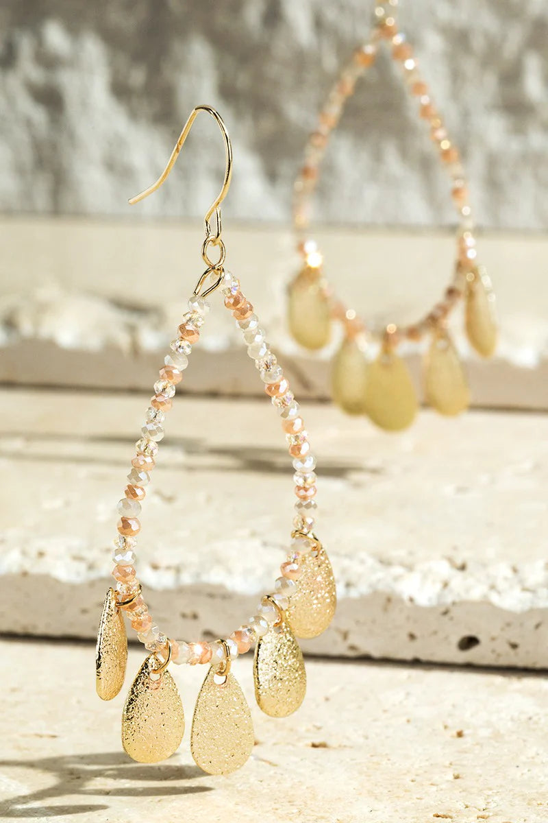 Champagne Metal Textured and Glass Bead Earrings