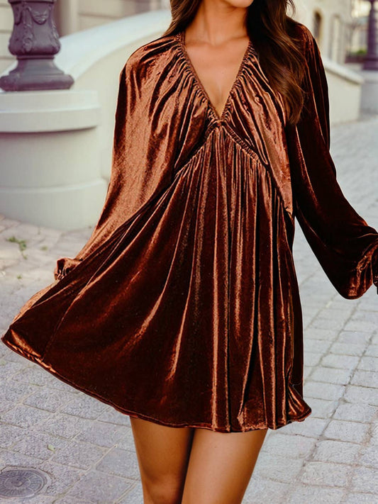 Elastic V Neck Puff Sleeve Short Velvet Dress: Clay / L