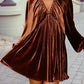 Elastic V Neck Puff Sleeve Short Velvet Dress: Clay / XL