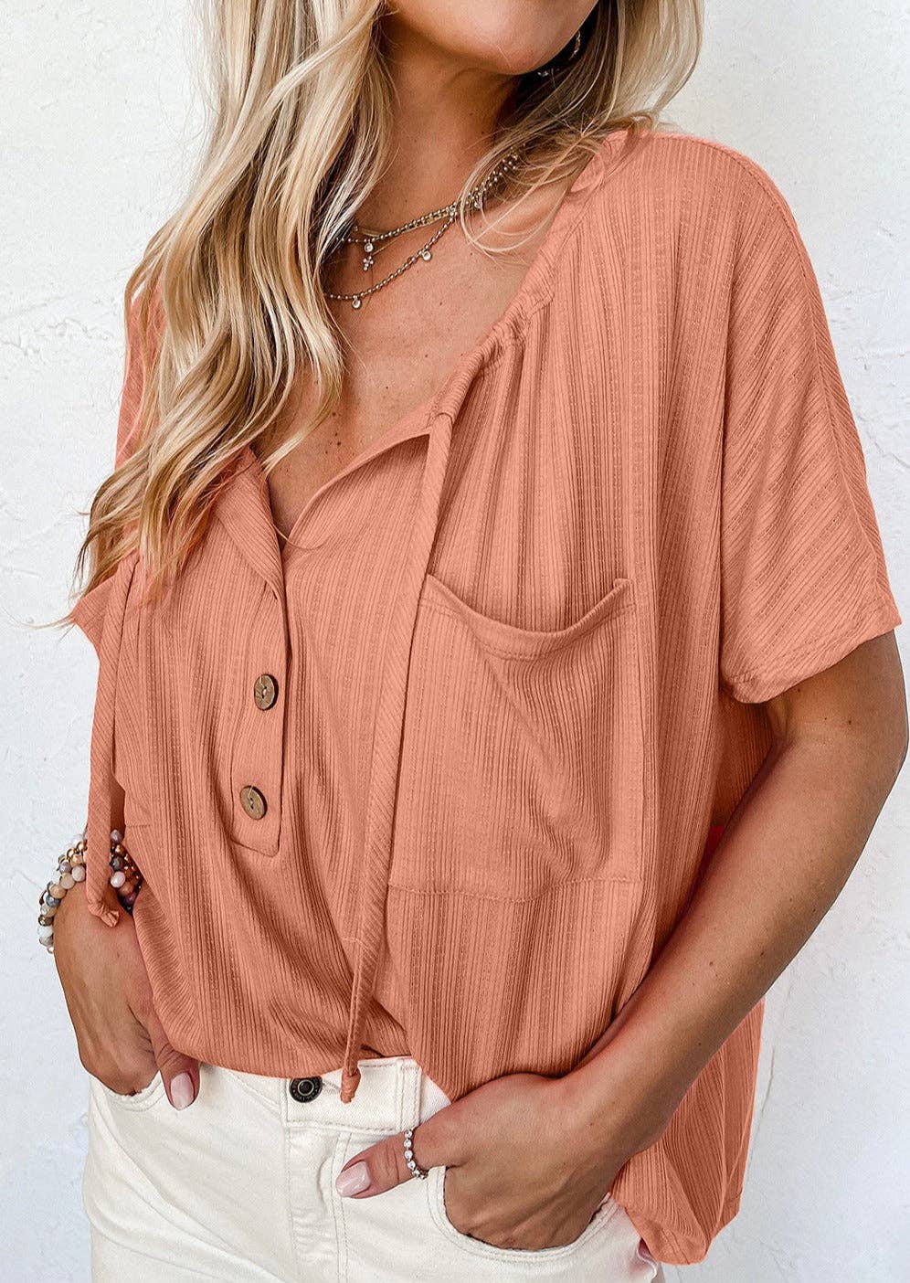 Buttoned Front Textured Loose Top: Small 0-4 / Orange