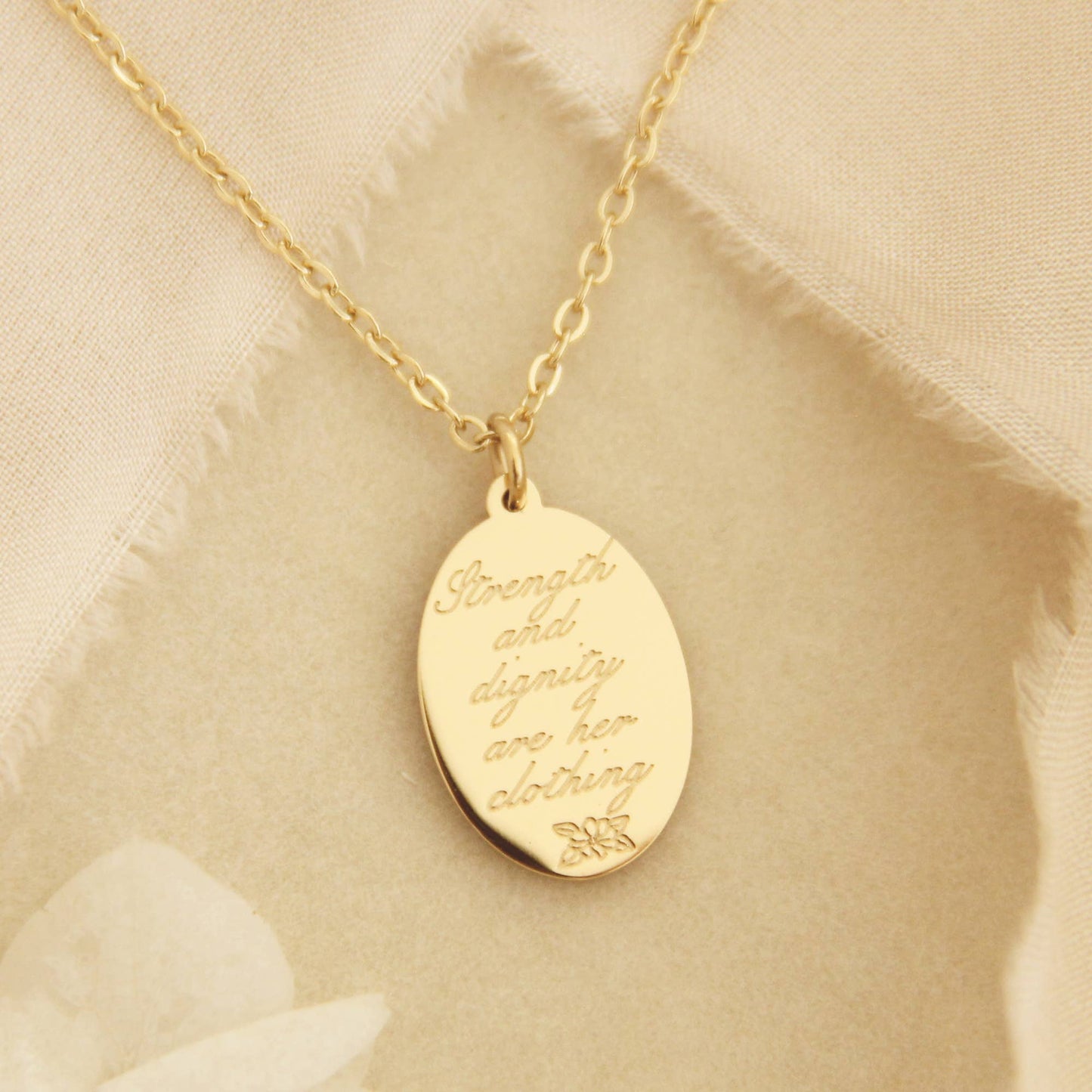 Strength + Dignity are Her Clothing Necklace, Proverbs 31:25: Yellow Gold