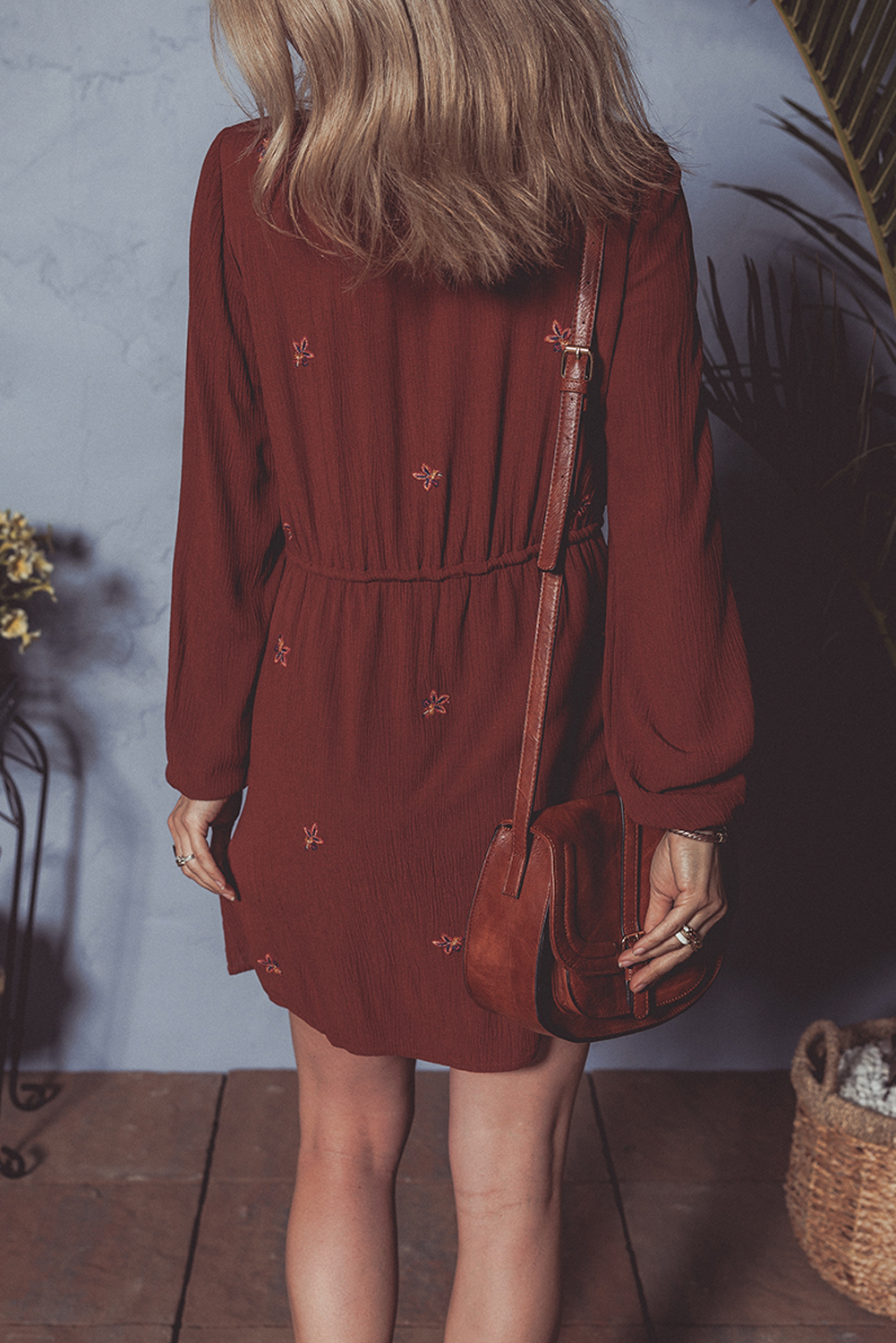 Floral Embroidered Tassel Tie Waist Long Sleeve Mini Dress: Burgundy / XL