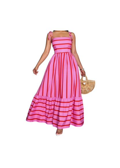 Candy Crush Pink Striped Spaghetti Tie Maxi
