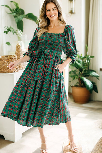 Emerald Tartan Smocked Midi Dress