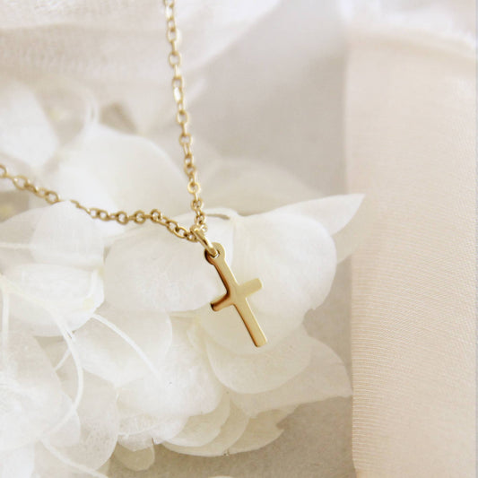 Delicate Cross Necklace, 1 Corinthians 1:18: Yellow Gold