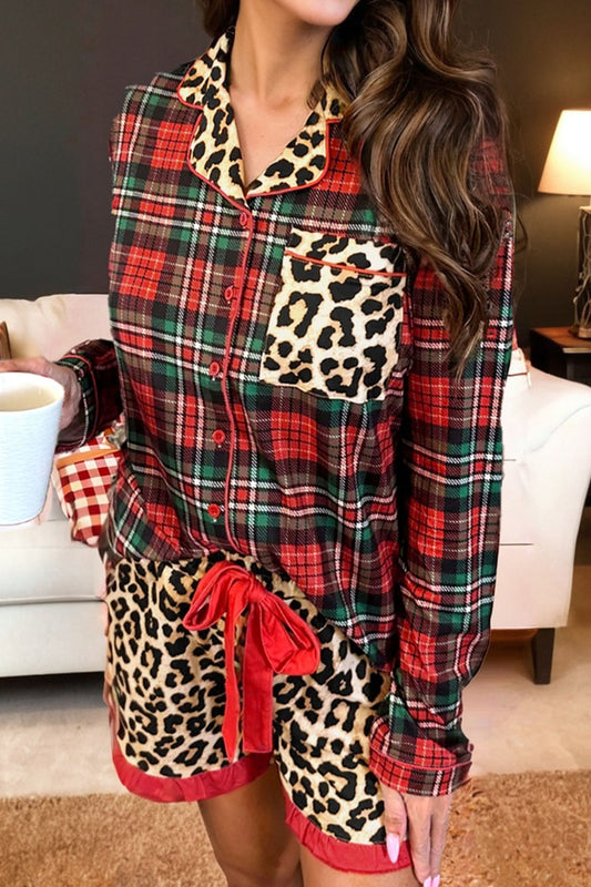 Tartan Leopard with Ruffled Shorts Pajama Set