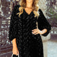 Textured V Neck Balloon Sleeve Velvet Mini Dress: Black / XL