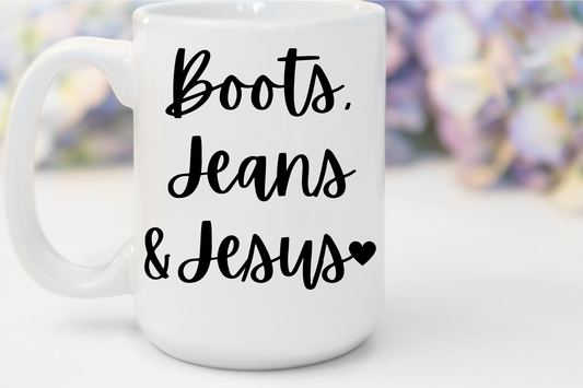 "Boots, Jeans & Jesus" White Gloss Ceramic Mug 15oz | Jesus Collection by Love Tiffany