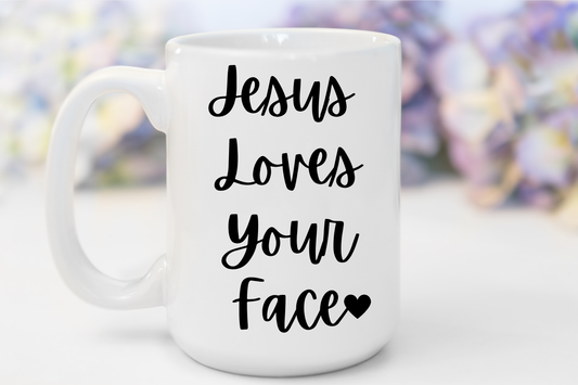"Jesus Loves Your Face" White Gloss Ceramic Mug 15oz | Jesus Collection by Love Tiffany
