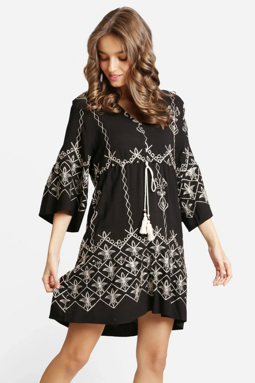 Nala Embroidered Dress With Tassel Ties