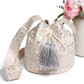 Maize Metallic Foil Leopard Straw Crossbody Bucket Bag