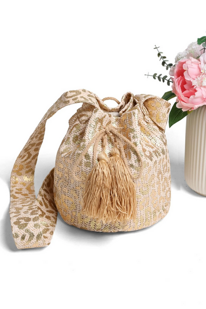 Maize Metallic Foil Leopard Straw Crossbody Bucket Bag
