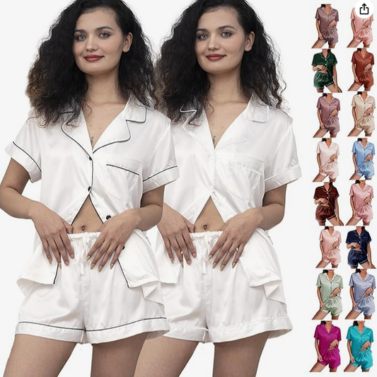 Sleepy Sunday - Satin Pajama Set with Shorts and Black Piping