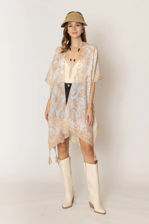 Boho Two Tone Mixed Pattern Kimono With Tassels