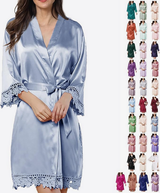 Lovely Lace Trim Satin Kimono Robe