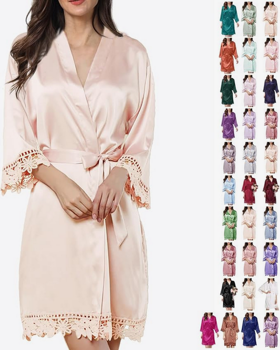 Lovely Lace Trim Satin Kimono Robe