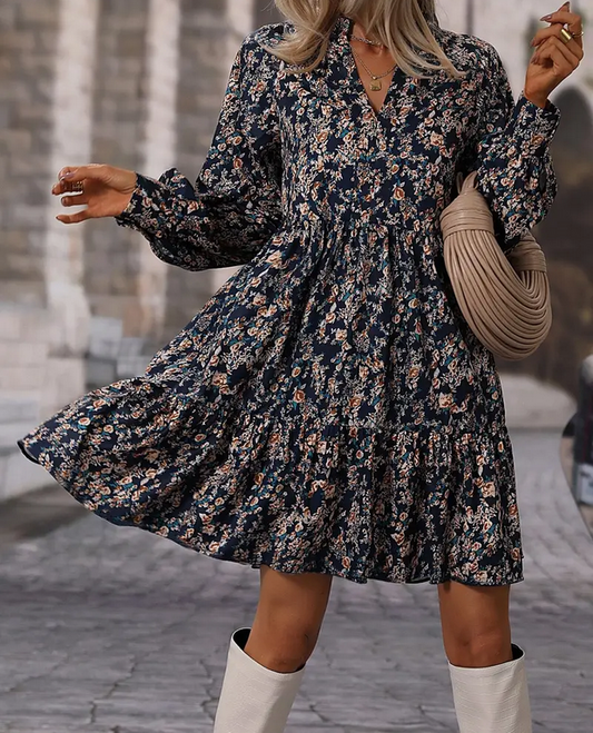 Rayna Ruffle Boho Floral Print V-Neck Dress