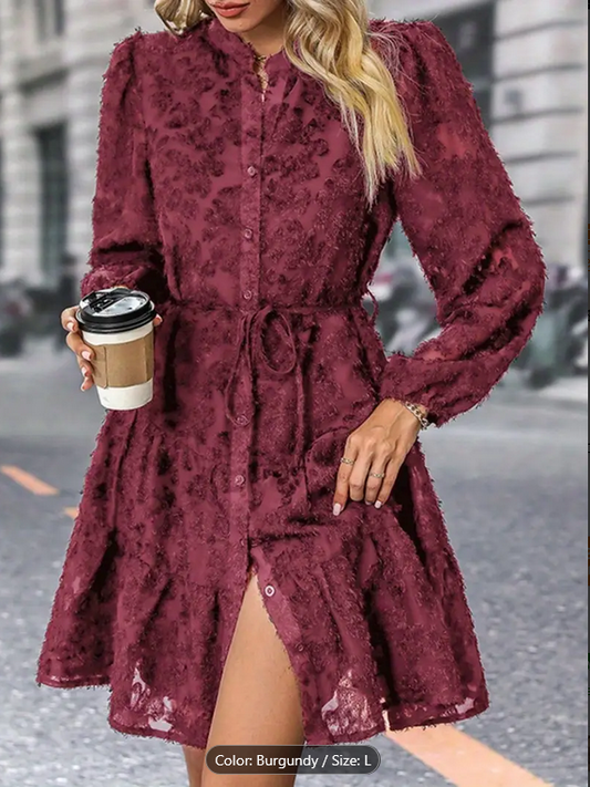 Scarlett Feathered Lace Button Down Tie Dress