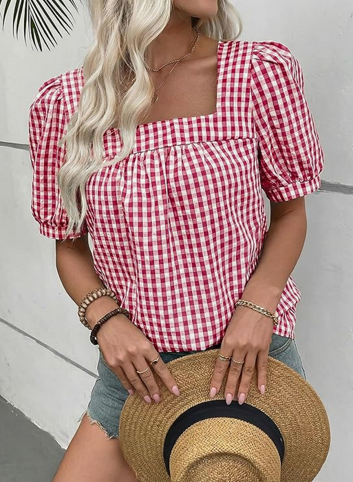 Cherry Gingham Short Sleeve Square Neck Tunic Blouse