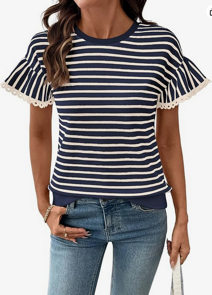 Scalloped Rib Knit Navy Striped Top
