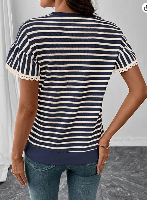 Scalloped Rib Knit Navy Striped Top