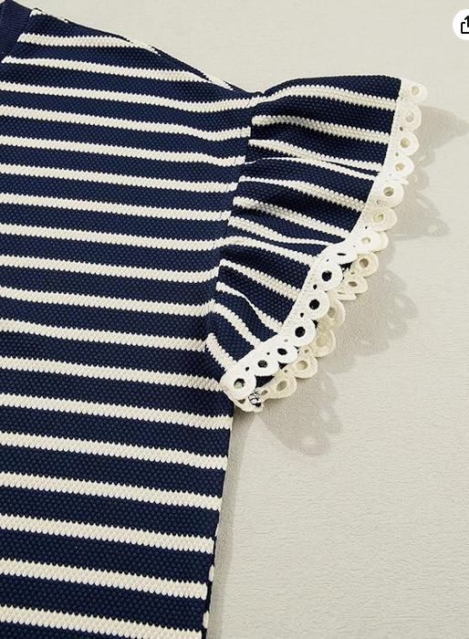 Scalloped Rib Knit Navy Striped Top