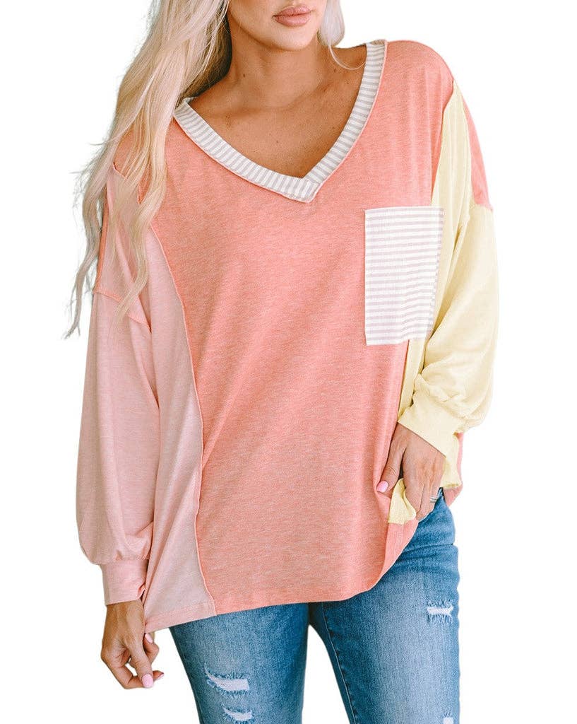 Stripe Colorblock Long Sleeve Shirt: XL / Rose Gold