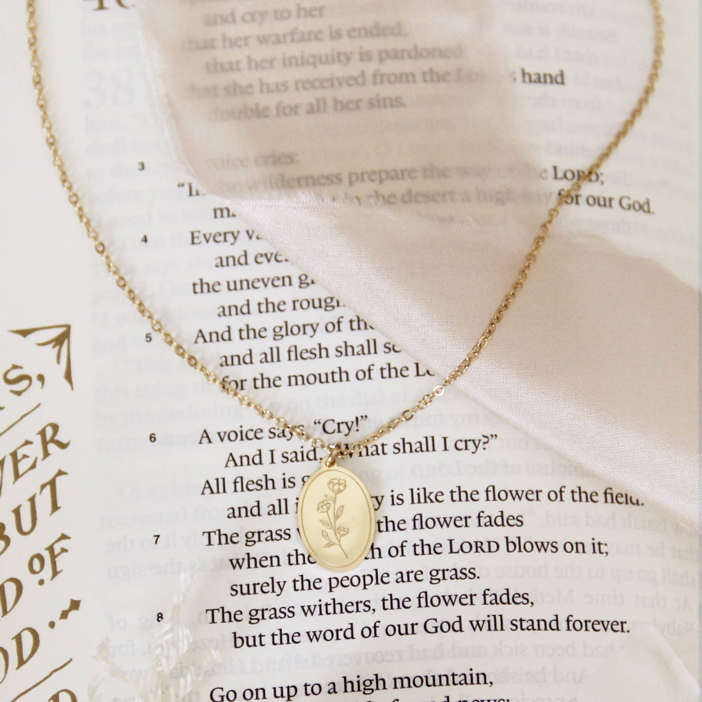 Flower Necklace, Isaiah 40:8 Necklace: Yellow Gold