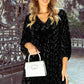 Textured V Neck Balloon Sleeve Velvet Mini Dress: Black / S