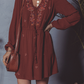 Floral Embroidered Tassel Tie Waist Long Sleeve Mini Dress: Burgundy / S
