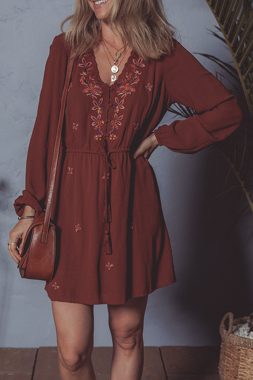 Floral Embroidered Tassel Tie Waist Long Sleeve Mini Dress: Burgundy / S