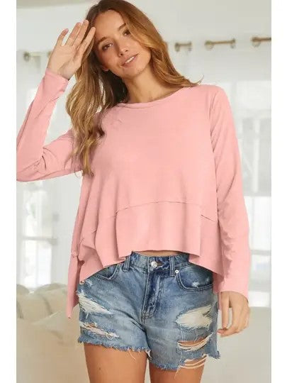 Cierra Coral Long Sleeve Hi-Low Boxy Raw Edges Top