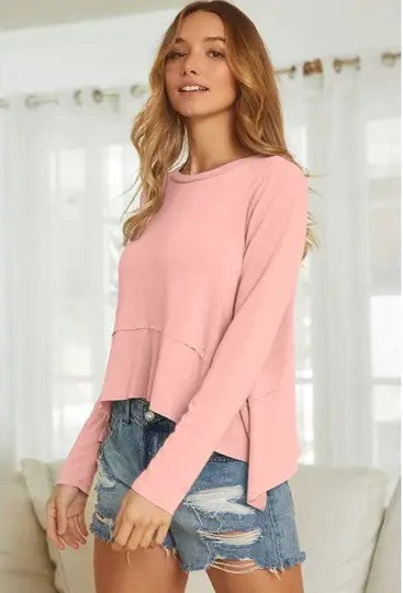 Cierra Coral Long Sleeve Hi-Low Boxy Raw Edges Top