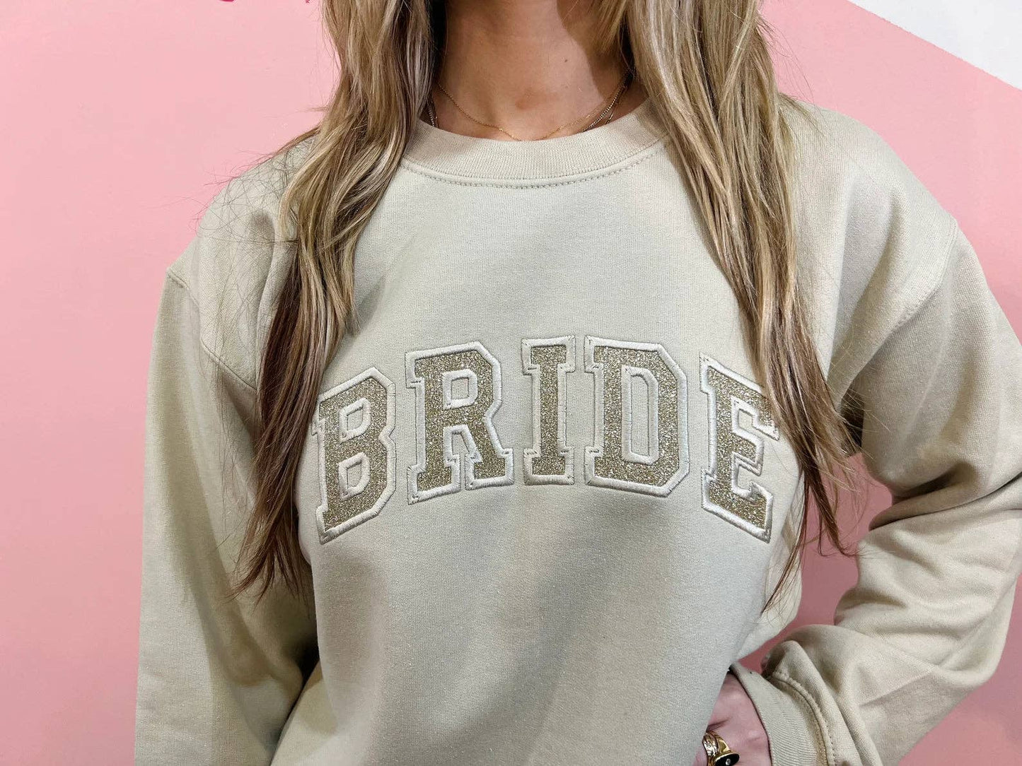 Embroidered Bride Glitter Crewneck Sweatshirt: White / XL