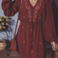 Floral Embroidered Tassel Tie Waist Long Sleeve Mini Dress: Burgundy / XL